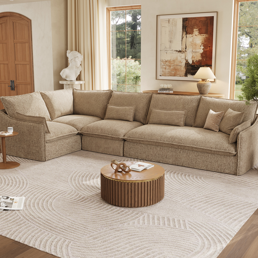 Cozy Khaki Cotton Linen Sectional  L-Shaped Sofa for Family Movie Nights