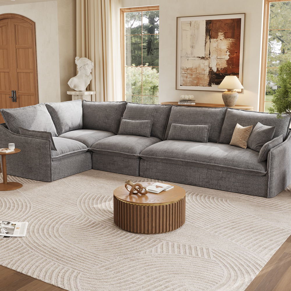 Cozy Gray Cotton Linen Sectional  L-Shaped Sofa for Family Movie Nights
