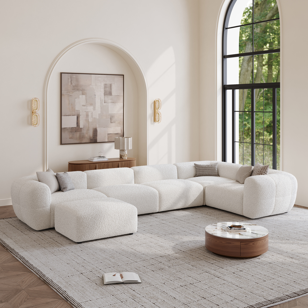 Minimalist Couch Large L-Shape Boucle Beige Lounge Sofa with Ottoman