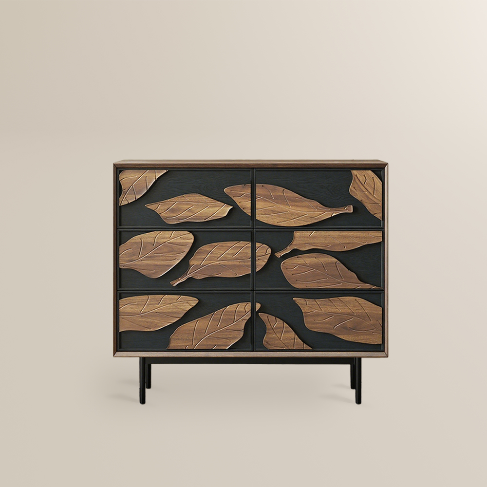 39" Mid-Century Modern Accent Cabinet, Artistic Relief Doors Sideboard, Vintage Black Trim, 3-Tier Closed Storage