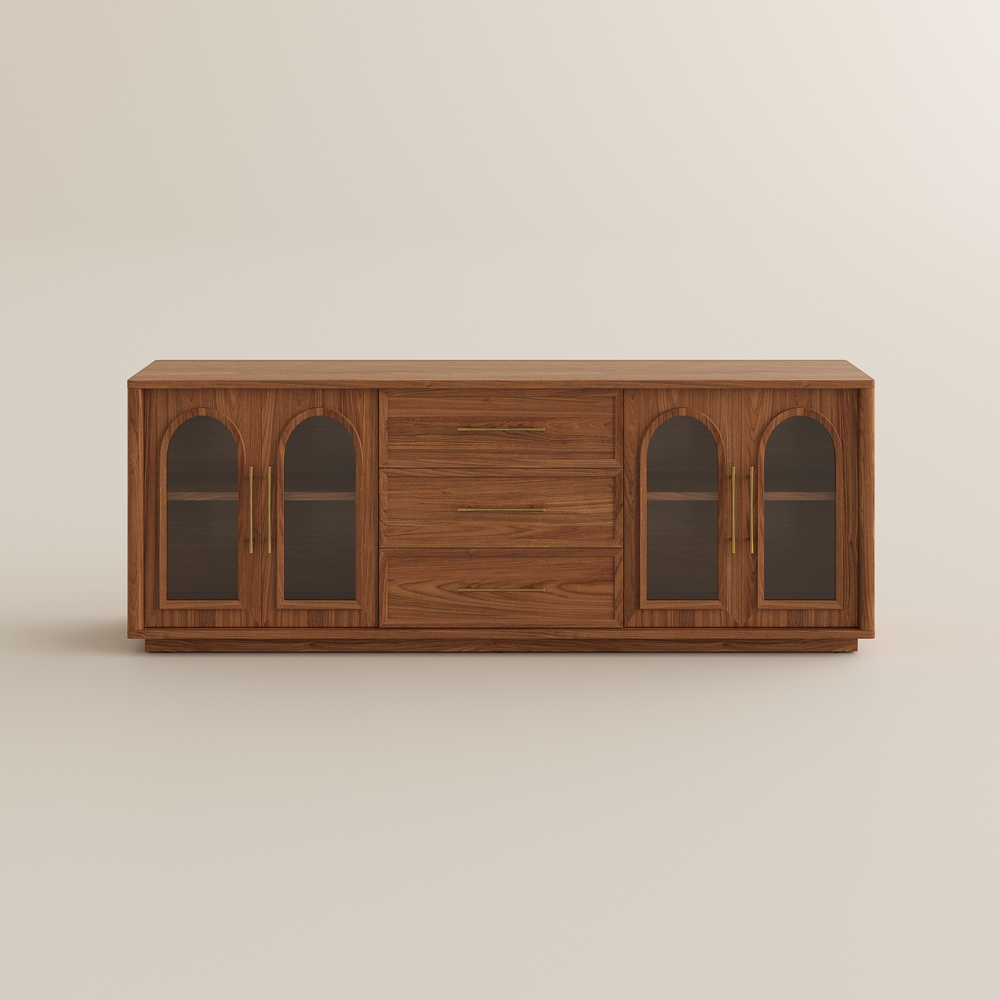 Walnut Storage TV Stand with Glass Doors, Mid-Century Modern Credenza Media Console with 3 Drawers, Adjustable Shelves, Floor-Standing Storage Cabinet