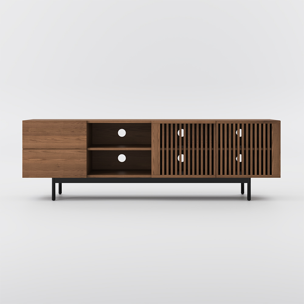 Mid-Century Modern TV Stand, Louvered Wood Entertainment Center with Slatted Doors, Open Storage, Tall-Cast Metal Legs