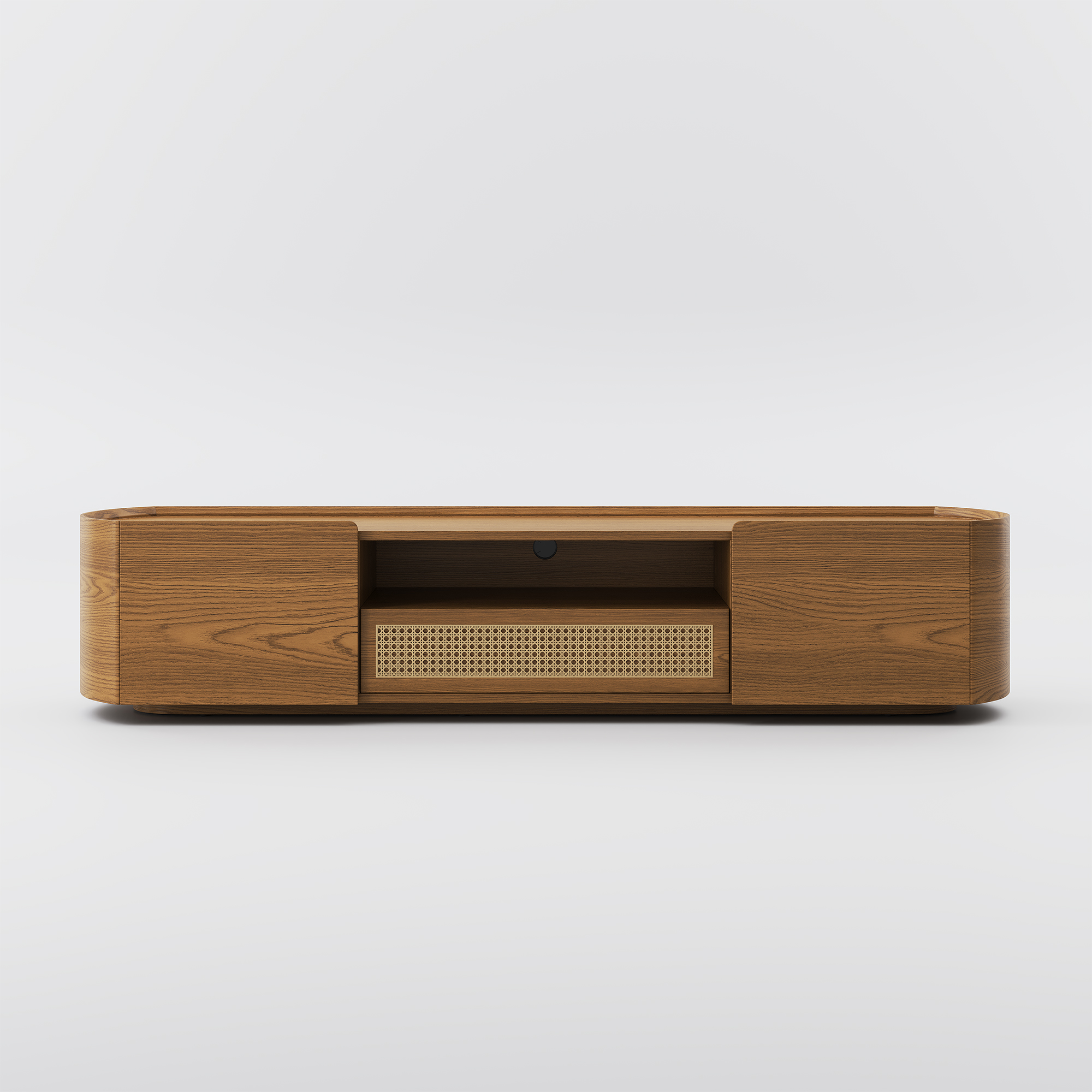 Mid-Century Modern Walnut TV Stand, Rattan Door Media Console, Plenty of Storage, Double Door Oval Entertainment Center, Fully Assembled