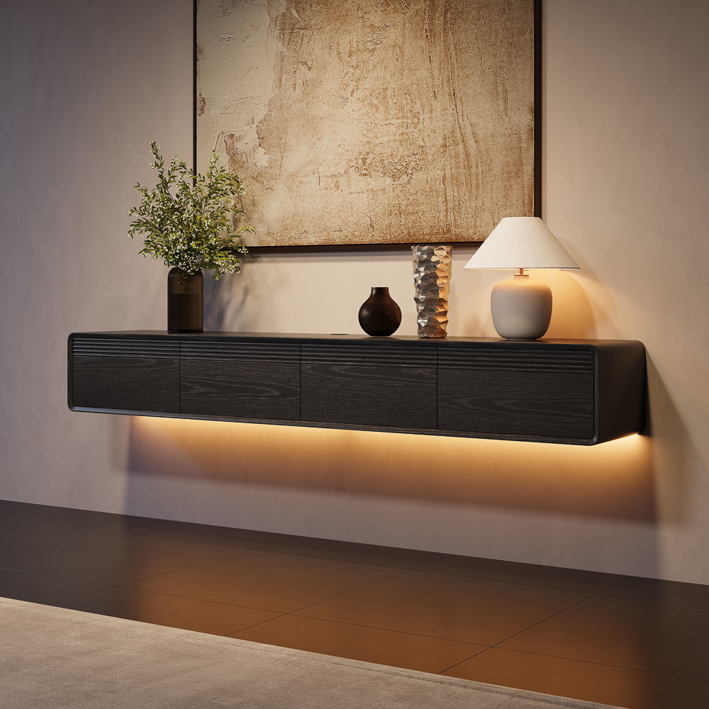 79" Mid-Century Floating TV Stand with Adjustable LED Lights, Wall Mount TV Stan...