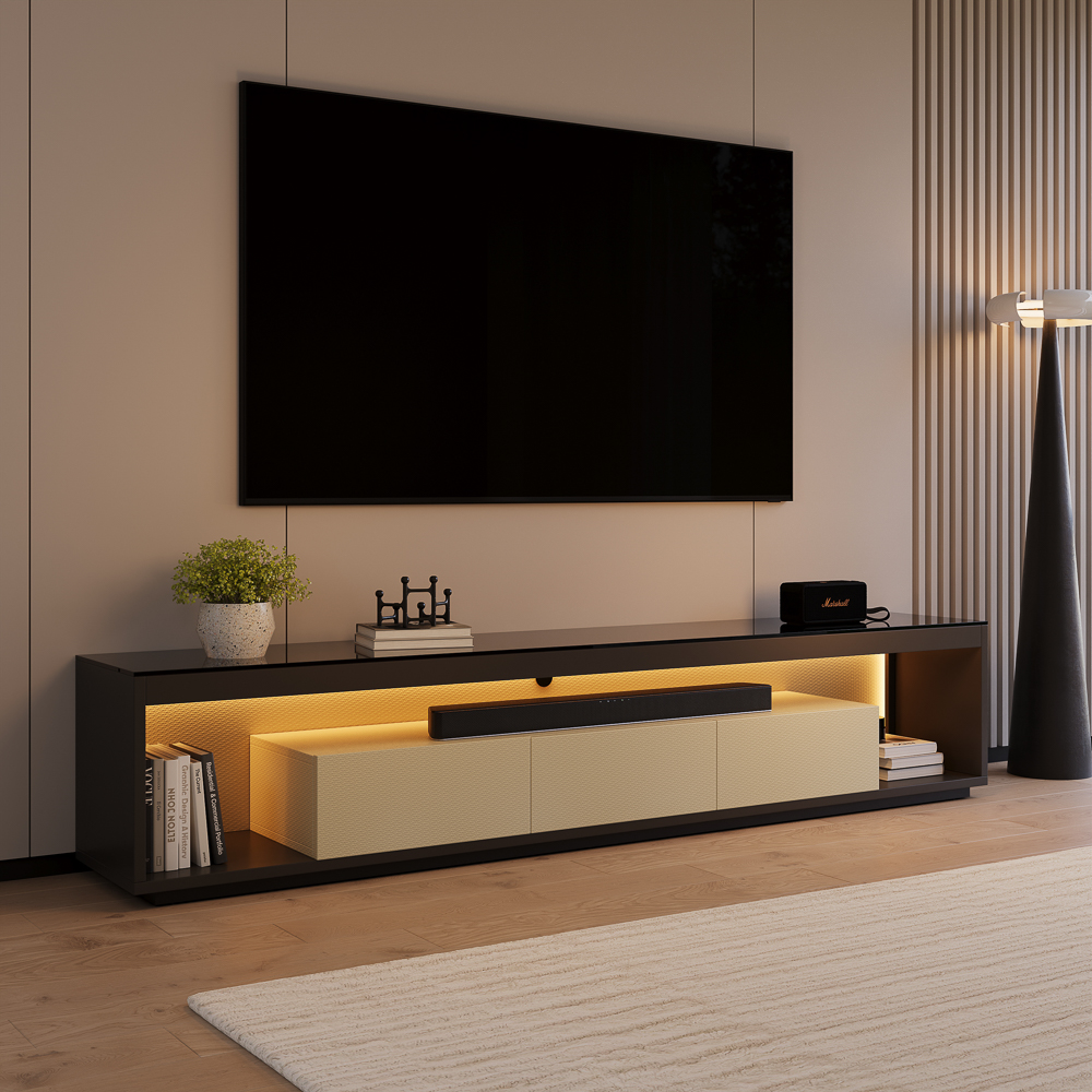 94" Modern Beige and Gray TV Stand with LED Lights, Glass Tabletop Media Console with Storage Space,  Perfect for 85 Inch TV