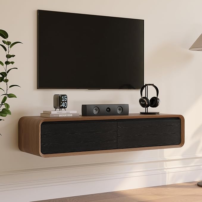 Merrin-47" Minimalist Floating TV Stand,Modern Wall-Mounted Media Console with Storage,Walnut Veneer & Black Media Console