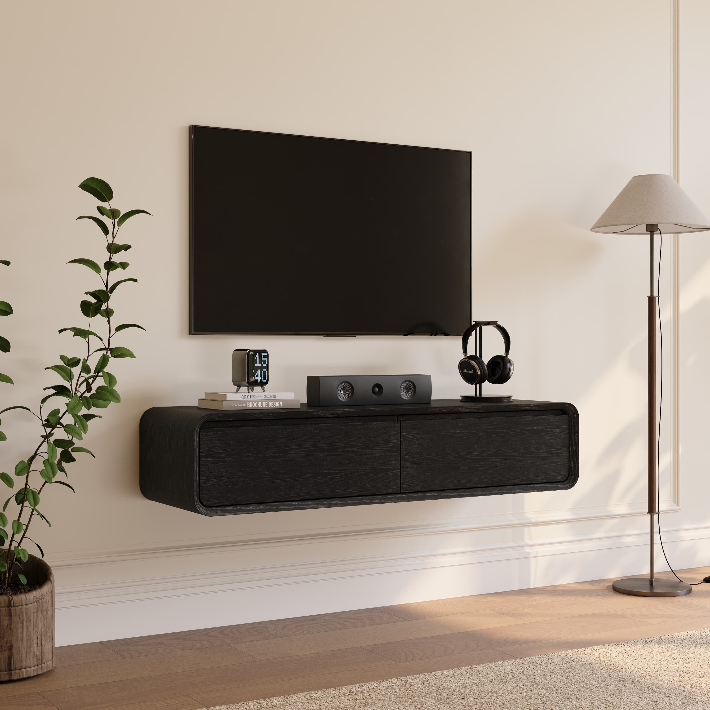 Merrin-47” Black Floating TV Stand, Modern Wall-Mounted Entertainment Center, Black TV Console, Media Console