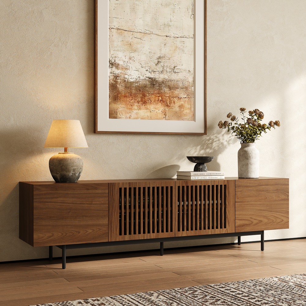 Modern Wood TV Stand, Minimalist Slatted Media Console with Tall-Cast Metal Legs, Walnut Veneer