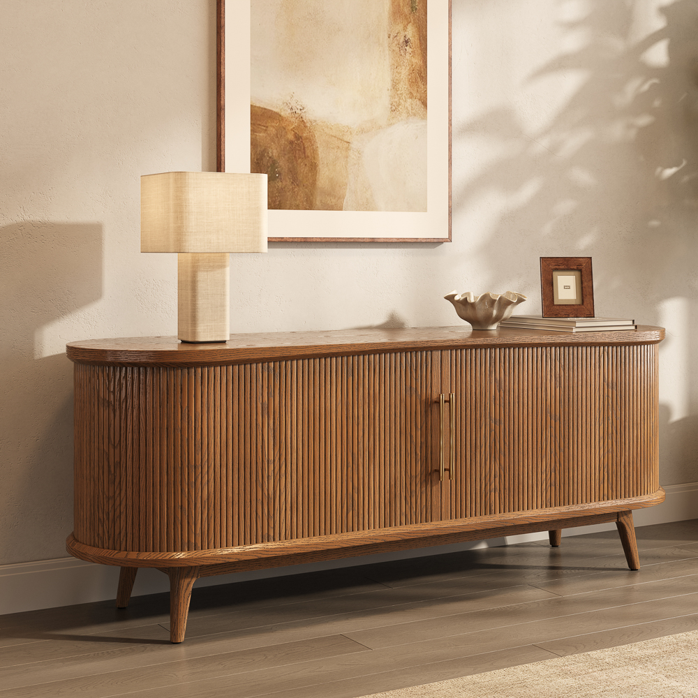 71" Curved Slatted Wood TV Stand, Mid-Century Modern Wrap-Around Tambour TV Console, Fully Opening Media Cabinet