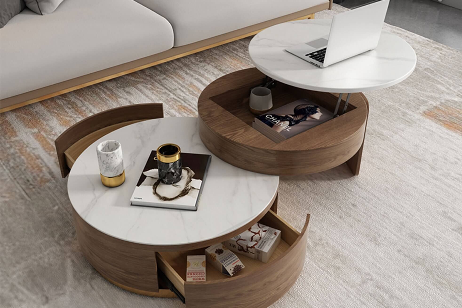 Modern White Stone Lifttop Nesting Coffee Table Povison